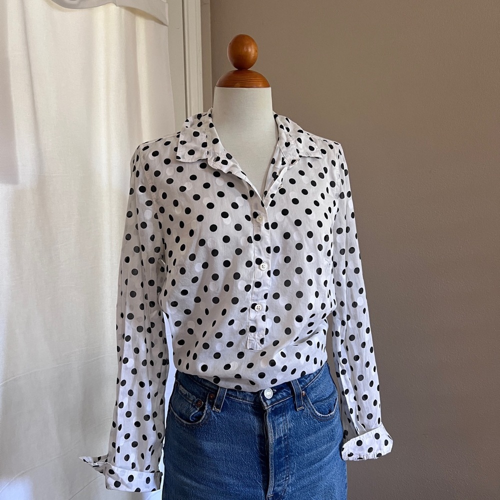 Classic Polka Dot Button-Up Blouse - White with Black Dots